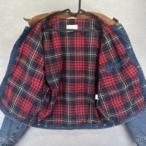 Vintage Geoffrey Beene Flannel Plaid Lined Denim Jacket Leather Collar Men's M - Picture 11 of 16